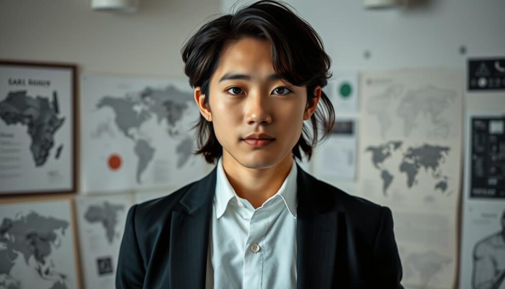 A striking portrait of a young, Japanese-looking art director showcasing their skillset. The subject stands in a well-lit studio, their focused gaze and confident posture conveying a sense of expertise. Intricate, digital artworks and design tools surround them, reflecting the technical proficiency required for the role. The overall mood is one of professionalism and creative prowess, highlighting the multifaceted nature of an art director's work. Soft, diffused lighting accentuates the subject's features, creating a sense of depth and dimensionality. The composition balances the subject with the background elements, creating a harmonious and visually compelling image.