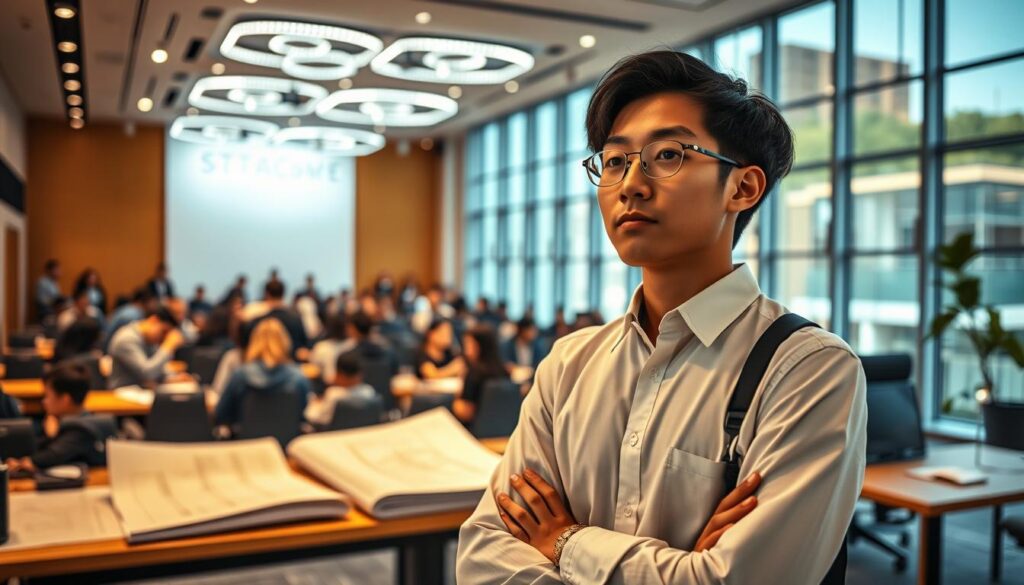A striking scene depicting the educational journey of a lighting designer. In the foreground, a young Japanese-looking designer stands thoughtfully, surrounded by technical drawings and design software on a desk. The middle ground showcases a lecture hall filled with attentive students, illuminated by carefully crafted lighting installations. In the background, a sleek, modern office space with floor-to-ceiling windows, showcasing the designer's refined aesthetic. The lighting is warm and natural, casting a contemplative mood. The composition captures the dedication, creativity, and technical expertise required to become a successful lighting designer.