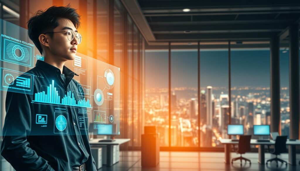 A striking scene of a young, Japanese-looking project manager envisioning the future of the IT industry. In the foreground, they stand confidently, their gaze fixed on a holographic display depicting emerging technologies and data visualizations. The middle ground showcases a dynamic, futuristic office environment with minimalist, high-tech workstations and sleek, efficient workflows. In the background, a panoramic view of a bustling cityscape symbolizes the ever-evolving nature of the tech landscape. Warm, natural lighting filters through floor-to-ceiling windows, creating a sense of optimism and progression. The overall atmosphere conveys the project manager's forward-thinking mindset and their pivotal role in shaping the industry's trajectory.