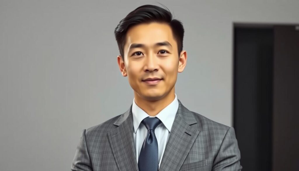 A studio portrait of a young, professional-looking Japanese man in his 30s, wearing a sharp gray suit and tie. He has a confident, contemplative expression as he gazes directly at the camera. The lighting is soft and flattering, with a subtle vignette effect that draws the eye to the subject's face. The background is slightly blurred, creating a sense of depth and focus on the central figure. The overall mood is one of success, sophistication, and thoughtfulness, reflecting the high-level creative leadership role of a creative director.