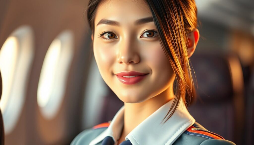 A stunning close-up portrait of a young, Japanese-looking flight attendant, showcasing her poise, professionalism, and radiant charm. Soft, warm lighting illuminates her serene expression, accentuating her natural beauty. The focus is on her face, but the image also captures a glimpse of her crisp, neatly pressed uniform, hinting at the elegance and attention to detail inherent in her career. The background is blurred, keeping the viewer's attention firmly on the subject and the allure of her role. An atmosphere of grace, hospitality, and pride in her work permeates the scene, inviting the viewer to imagine the rewarding experiences and fulfillment of a flight attendant's career.