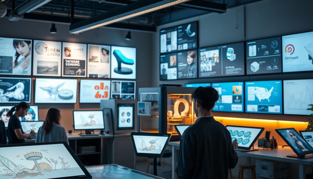 A stunning editorial design studio filled with cutting-edge technology and creative professionals. In the foreground, a team of young, Japanese-inspired designers meticulously craft digital illustrations on the latest touch-screen displays, their faces illuminated by the soft glow of the screens. In the middle ground, a large, state-of-the-art 3D printer rapidly produces innovative product prototypes, while behind them, a wall-mounted array of high-resolution monitors displays real-time trend analytics and inspirational moodboards. The entire scene is bathed in a warm, ambient lighting that enhances the modern, minimalist aesthetic, creating an atmosphere of focused innovation and forward-thinking design.