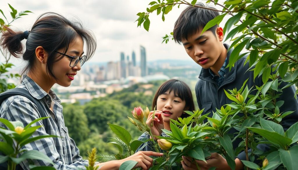 A stunning scene of young, Japanese-looking plant hunters exploring diverse environments, both natural and urban. In the foreground, a group of three professionals examines an exotic plant specimen, their faces filled with wonder and curiosity. The middle ground reveals a bustling city skyline, hinting at the diverse career opportunities available to these dedicated individuals. In the background, lush, verdant landscapes suggest the global reach and impact of their work. Soft, natural lighting casts a warm, contemplative mood, emphasizing the passion and purpose that drives these plant hunters in their quest for new discoveries and solutions.