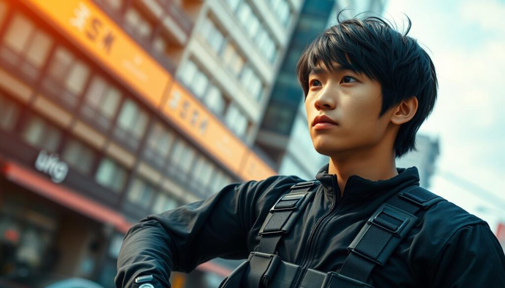 A stunt performer dressed in a black jumpsuit and safety gear, standing in a meticulously arranged outdoor action scene. The model has a youthful, Japanese-inspired facial features and jet-black hair. Dramatic lighting casts sharp shadows, emphasizing the performer's muscular physique and intense focus. The background blends a realistic cityscape with a sense of heightened cinematic tension, hinting at the imminent stunt sequence. The camera angle is low, capturing the performer's powerful stance and conveying a visceral sense of anticipation.