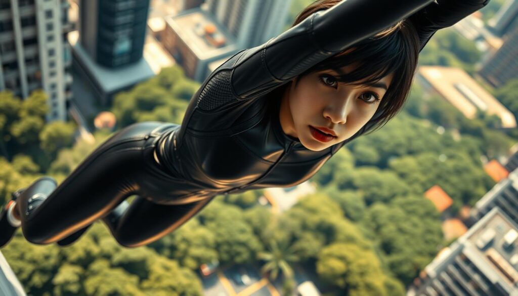 A stunt performer's high-flying career, captured in a realistic photograph. In the foreground, a skilled stunt person, dressed in a sleek black bodysuit, stands poised and ready to leap into action. Their youthful, Japanese-inspired features convey a sense of focus and determination. The middle ground reveals a lush, urban backdrop, hinting at the dynamic environments where stunt performers showcase their gravity-defying feats. Dramatic lighting casts dynamic shadows, emphasizing the stunt person's athleticism and the inherent risks of their profession. The overall mood is one of awe-inspiring talent and the potential for impressive earnings, as befitting the "スタント・パーソン年収" subject matter.