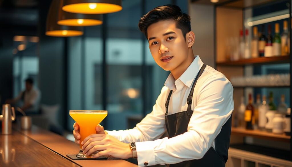 A stylish and confident bartender, dressed in a crisp white shirt and black apron, stands behind a sleek, polished bar. The lighting is warm and inviting, casting a soft glow on the bartender's face, which has a youthful, Japanese-inspired appearance. The bartender's hands move with practiced precision, skillfully mixing cocktails and engaging with customers. In the background, a modern, minimalist bar interior is visible, hinting at the bartender's journey towards career advancement and a more prestigious establishment. The overall scene conveys a sense of professionalism, ambition, and the bartender's passion for their craft.
