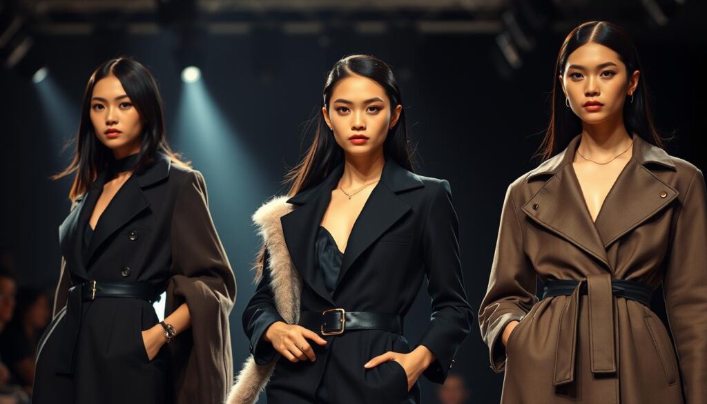 A stylish and elegant fashion runway scene featuring three young, beautiful Japanese-looking models showcasing high-end designer clothing and accessories. The models have sleek black hair and striking facial features, posing confidently in a dimly lit studio with dramatic, moody lighting casting dramatic shadows. The background is blurred, putting the focus on the models and their fashionable outfits. The models embody poise, grace, and the essence of the fashion industry, conveying the skills, expertise, and earning potential of successful fashion models.