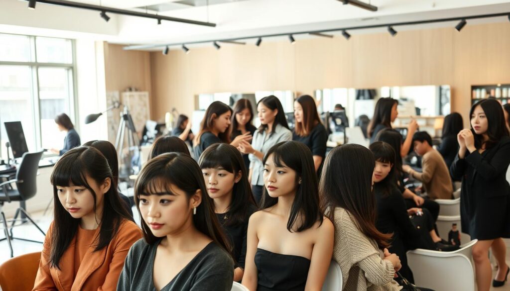 A stylish and modern workspace filled with professional stylists working on their craft. In the foreground, a team of young, dark-haired Japanese models sit patiently as stylists carefully arrange their hair and apply makeup using high-end tools and products. In the middle ground, the stylists move between the models, discussing color palettes and styling techniques. The background features sleek, minimalist decor with large windows that allow natural light to flood the space, creating a warm and productive atmosphere. The scene is captured with a sharp, documentary-style lens, highlighting the focus and dedication of the stylists as they transform their models into fashion-forward, camera-ready looks.