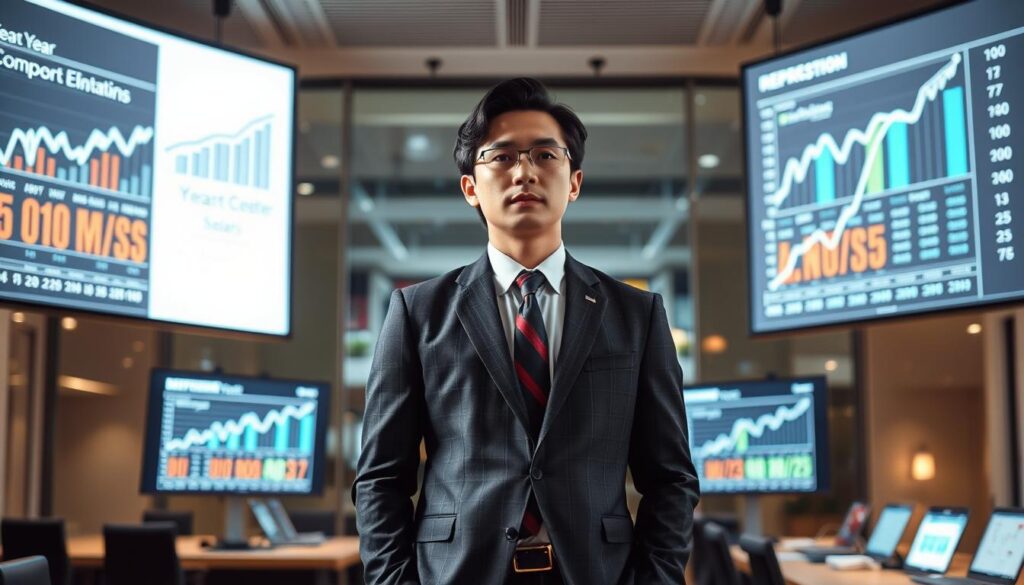 A stylish and well-dressed Japanese business professional standing confidently in a modern office setting, surrounded by analytical charts and financial data visualizations projected on large screens. The lighting is crisp and directional, highlighting the subject's attentive expression as they analyze the year-over-year compensation trends for their industry. The composition has a balanced, symmetric layout with the subject in the center, emphasizing the authoritative, data-driven nature of their role as a buyer. The overall mood is professional, focused, and conveys a sense of expertise and insight into the nuances of buyer salaries and compensation structures.