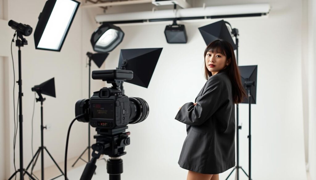 A stylish and well-equipped fashion photography studio with a photogenic model posing against a clean, minimalist backdrop. The setup features a professional-grade camera with a prime lens, multiple lighting fixtures with soft boxes, and an array of reflectors and diffusers to create dynamic, high-contrast lighting. The model, a young Japanese-looking person with dark hair, is dressed in a chic, contemporary outfit, striking a natural, relaxed pose that showcases the technical expertise of the photographer. The atmosphere is one of sleek professionalism, with attention to detail and an emphasis on the tools and techniques that enable the creation of stunning fashion imagery.