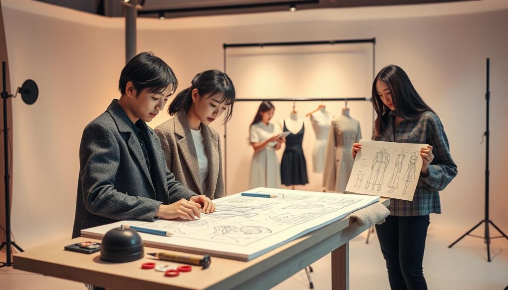 A stylish and well-lit studio setting featuring young Japanese-looking models showcasing the art of pattern making. In the foreground, a skilled patternmaker meticulously drafts intricate fashion designs on a large drafting table, surrounded by an array of sewing tools and fabric samples. In the middle ground, another model examines a detailed pattern, illustrating the educational process. The background features a clean, minimalist backdrop with warm lighting, creating a professional and aspirational atmosphere. The models are dressed in fashionable attire, reflecting the fashion industry they represent. The overall scene conveys the expertise, dedication, and educational path required to become a skilled patternmaker.