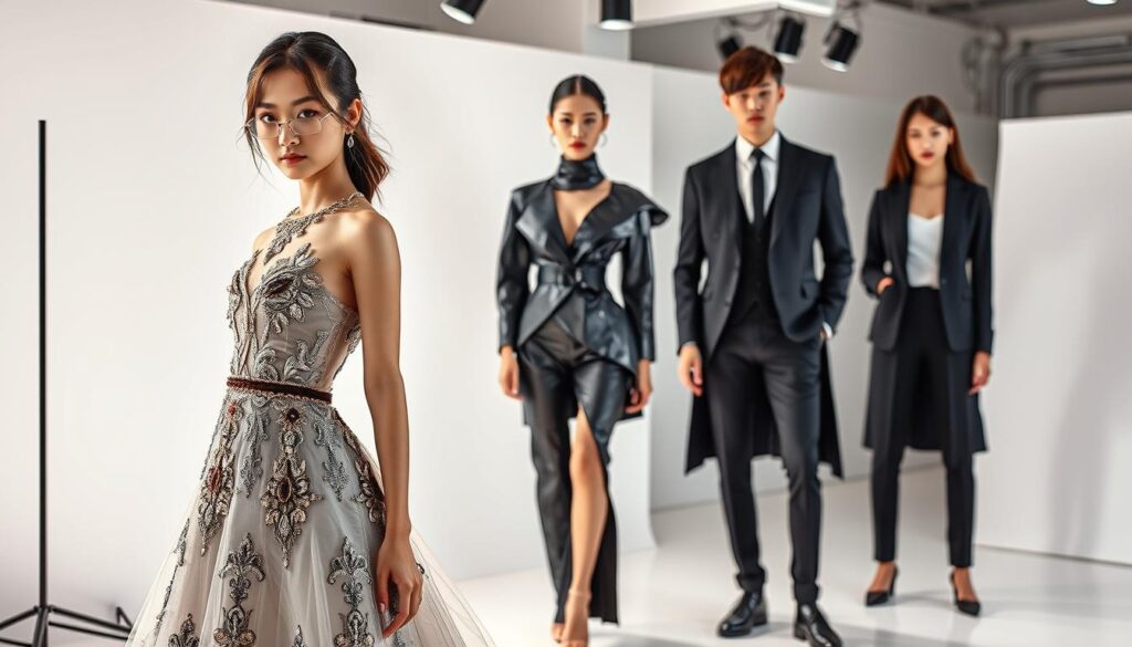 A stylish fashion design studio with three young Japanese models showcasing different fashion specialties. In the foreground, a model displays an elegant evening gown with intricate beading and lace detailing, illuminated by soft, dramatic lighting. In the middle ground, another model wears a bold, avant-garde outfit with sculptural silhouettes and asymmetrical lines. In the background, a model presents a sleek, minimalist business casual ensemble, highlighting the versatility of fashion design. The models have realistic, high-quality facial features and natural hair, creating an immersive, visually striking scene that captures the diversity of fashion design disciplines.