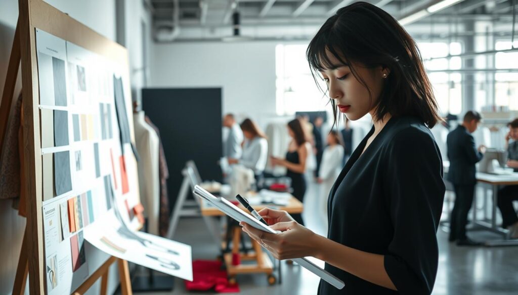 A stylish fashion designer's career progression, captured in a sleek photographic composition. In the foreground, a young, raven-haired Japanese model sketches designs, brow furrowed in concentration. Midground, the model stands before a mood board, meticulously arranging fabric swatches and color palettes. In the background, a high-ceilinged design studio bustles with activity - pattern cutters, seamstresses, and an executive discussing a new collection. Dramatic side lighting casts dramatic shadows, emphasizing the focus and dedication required to succeed in this dynamic industry. The overall scene conveys the rewarding yet demanding path of a fashion designer, from initial ideation to final product launch.