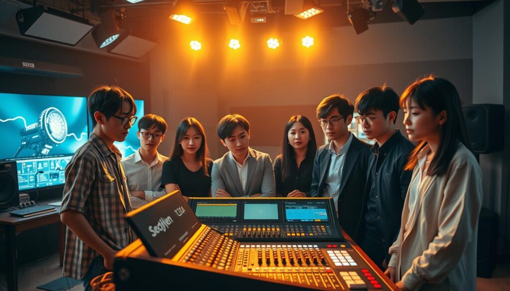 A stylish group of young Japanese-looking professionals standing in a modern video production studio, bathed in warm cinematic lighting. They are gathered around a large, professional-grade audio mixer, focused intently on the controls and displays. The scene conveys a sense of creativity, collaboration, and technical expertise in the audiovisual industry. The composition emphasizes the centrality of the mixer as a critical tool in the filmmaking and broadcasting workflow, with the people arranged in a dynamic, visually engaging manner.