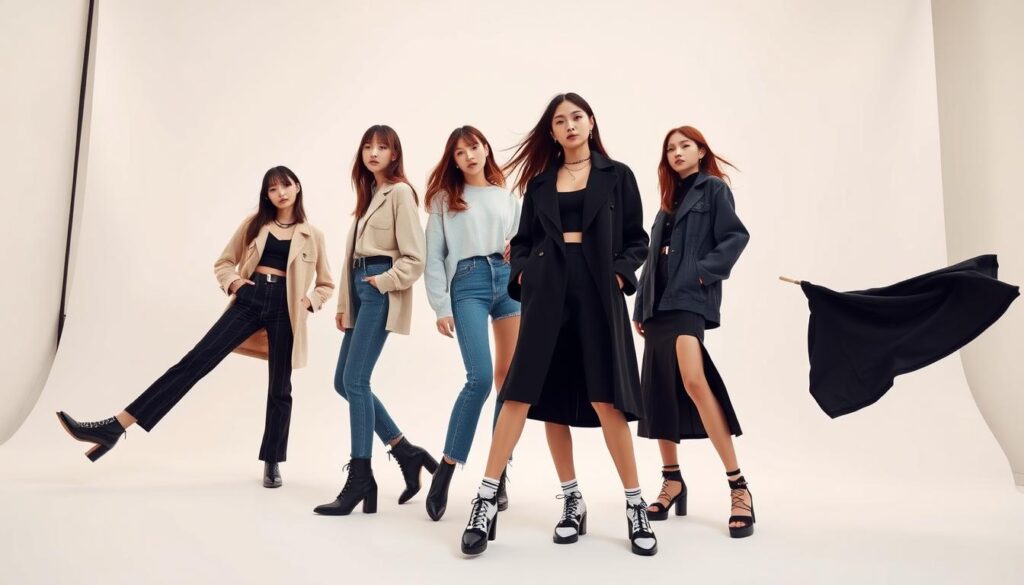 A stylish, high-fashion editorial set in a modern, minimalist studio. The scene features three young, attractive Japanese models posing dynamically in the foreground, showcasing the latest trendy outfits from the fashion industry. The lighting is soft and diffused, creating a warm, inviting atmosphere. The background is a simple, clean white or gray seamless, allowing the models and their attire to be the central focus. The models' hair and makeup are impeccably styled, reflecting the current high-fashion aesthetic. The overall mood conveys a sense of sophistication, elegance, and the zeitgeist of the fashion world.