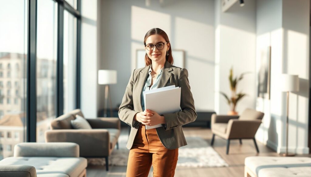 A stylish interior designer in their mid-20s standing confidently in a modern, minimalist office space. Soft, natural lighting filters through large windows, casting a warm glow on the designer's polished, professional attire. They hold a design portfolio, showcasing their creative eye and attention to detail. The sleek, neutral-toned furniture and decor around them reflect their aesthetic expertise, hinting at their potential for career advancement within the field of interior design.