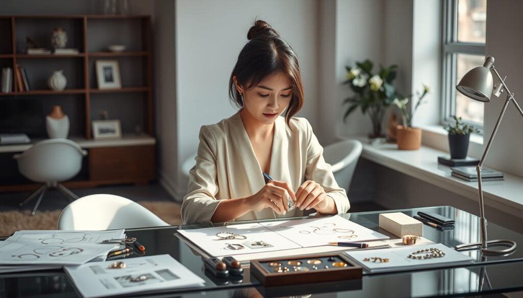 A stylish, modern jewelry designer sitting at their desk, surrounded by sketches, jewelry samples, and design tools. Soft, natural lighting from a nearby window illuminates their focused expression as they meticulously work on a new piece. In the background, a minimalist, chic office space with sleek furniture and a touch of Japanese aesthetic. The designer, a young, elegant Japanese person, embodies the perfect blend of creativity, technical expertise, and attention to detail required for their craft.