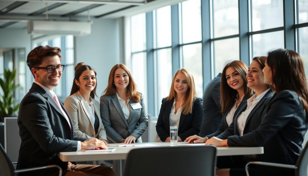 A stylish office setting with a team of professional employment agents in the foreground, all dressed in formal attire. They are gathered around a table, engaged in a collaborative discussion, their expressions conveying a sense of purpose and expertise. The background features a sleek, modern workspace with large windows allowing natural light to fill the room, creating a bright and welcoming atmosphere. The agents' body language and interactions suggest a well-coordinated effort to guide and support their clients in their career transitions. The lighting is soft and directional, emphasizing the agents' faces and creating a sense of depth and dimension. The overall scene captures the essence of a successful, personalized approach to job placement, tailored to the needs of the individual.