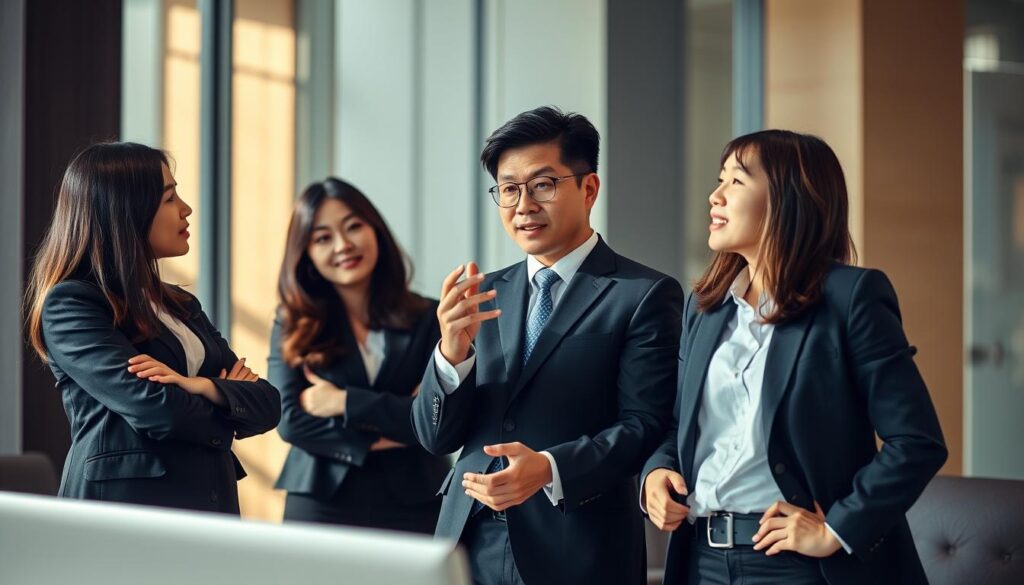 A stylish office setting with three well-dressed, young Japanese-looking professionals engaged in a dynamic conversation. The scene is bathed in warm, natural lighting that accentuates their thoughtful expressions and body language as they collaborate on a project. The middle figure gestures animatedly, while the others lean in, listening intently. The background is slightly blurred, keeping the focus on the interpersonal interaction and the importance of effective communication skills for financial planners.