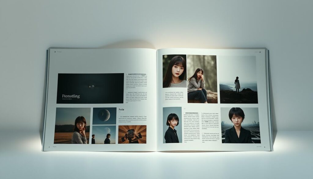 A stylish portfolio layout showcasing the work of a talented game scenario writer. A minimalist design with clean lines and a focus on high-quality visuals. The portfolio features elegant page layouts, captivating character designs, and immersive scene compositions. The young Japanese-looking models have a realistic, photographic appearance, capturing the attention of potential clients. Soft, directional lighting illuminates the portfolio, creating a professional and polished atmosphere. The overall mood is one of sophistication and creative prowess, perfectly suited to highlight the scenario writer's skills and expertise.