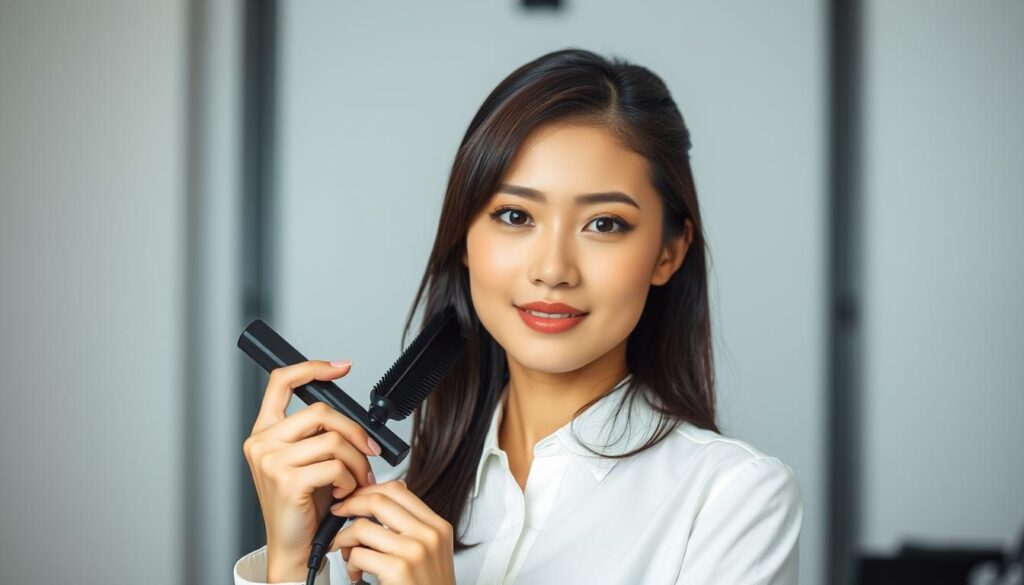 A stylish, professional Japanese woman with a chic hairstyle and makeup, showcasing her styling expertise. She stands confidently in a well-lit studio, wearing a crisp white blouse and holding a styling tool. Behind her, a clean, minimalist background highlights her skills and qualifications. The lighting is soft and flattering, capturing the model's youthful, natural beauty. The overall mood is one of expertise, poise, and the dedication required to excel as a skilled stylist.