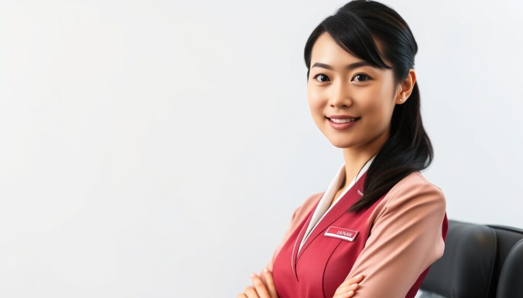 A stylish, smartly-dressed Japanese flight attendant stands confidently, their youthful and professional demeanor exuding a sense of competence and reliability. The scene is captured in a crisp, high-resolution photograph with a clean, well-lit background, allowing the subject to be the focal point. The attendant's uniform is pristine, the colors vibrant, and their expression calm yet friendly, conveying the poise and attentiveness expected of their role. This image aims to visually represent the average annual income and compensation structure of this respected profession.