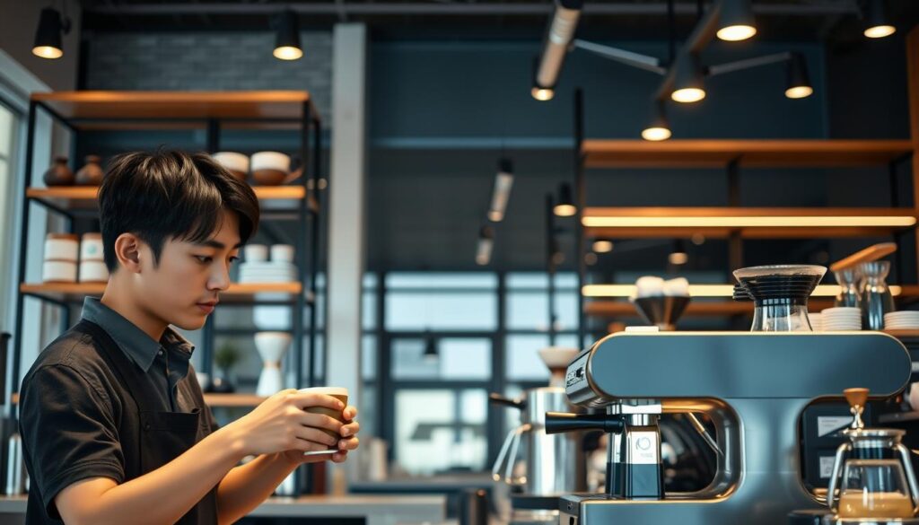 A stylish, well-lit interior setting showcasing a barista's career progression. In the foreground, a young, skilled Japanese barista carefully crafts a latte, their deft movements capturing the art of their craft. In the middle ground, a series of tiered shelves displays an array of coffee equipment, hinting at the technical mastery required. The background features a sleek, modern café setting with warm lighting, clean lines, and a serene atmosphere, suggesting the professional growth and opportunities available to ambitious baristas. The overall composition conveys the dedication, expertise, and potential for advancement within the dynamic world of specialty coffee.