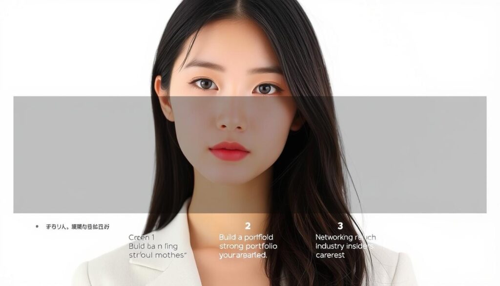 A stylish young Japanese woman stands against a minimalist white backdrop, her dark hair framing her delicate features. Soft, natural lighting accentuates her porcelain skin and expressive eyes, conveying a sense of poise and elegance. She wears a simple yet chic ensemble, hinting at the effortless style required for a successful modeling career. In the foreground, a series of numbered steps illustrate the concrete path to becoming a professional model, from building a strong portfolio to networking with industry insiders. The overall scene radiates a sense of aspirational beauty and attainable success, inspiring the viewer to envision their own journey towards the glamorous world of fashion modeling.