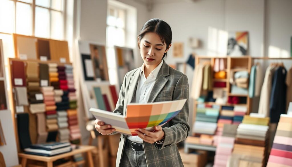 A stylishly dressed color coordinator stands in a bright, airy studio, surrounded by an array of color swatches, fabric samples, and mood boards. Soft natural light filters through large windows, casting a warm glow on the scene. The coordinator, a young Japanese-looking individual, examines a color palette intently, brow furrowed in concentration. Their expression conveys a sense of focus and determination as they meticulously plan color schemes for an upcoming project. The atmosphere is one of creative energy and professionalism, reflecting the skill and expertise required to excel as a color coordinator.