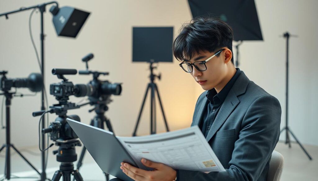 A stylishly dressed young Japanese photo director carefully reviewing a schedule on their laptop, surrounded by modern camera equipment, lighting setups, and reference materials. The scene conveys a sense of focused professionalism, with soft, natural lighting highlighting the director's thoughtful expression as they meticulously plan their day's activities. The background features a minimalist, studio-like environment, emphasizing the director's dedicated attention to their craft.
