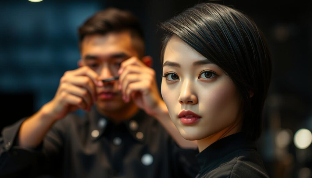 A stylishly lit portrait showcasing the technical mastery of a skilled Japanese hairstylist. In the foreground, a young model with a sleek, fashionable haircut gazes confidently at the camera, their inky black locks shimmering under the precise lighting. The middle ground reveals the hairstylist's focused expression as they delicately sculpt the model's hair, their hands moving with practiced precision. The background is subtly blurred, directing the viewer's attention to the interplay of artistry and technical expertise. The overall mood is one of professionalism, expertise, and the transformative power of a talented hairstylist.