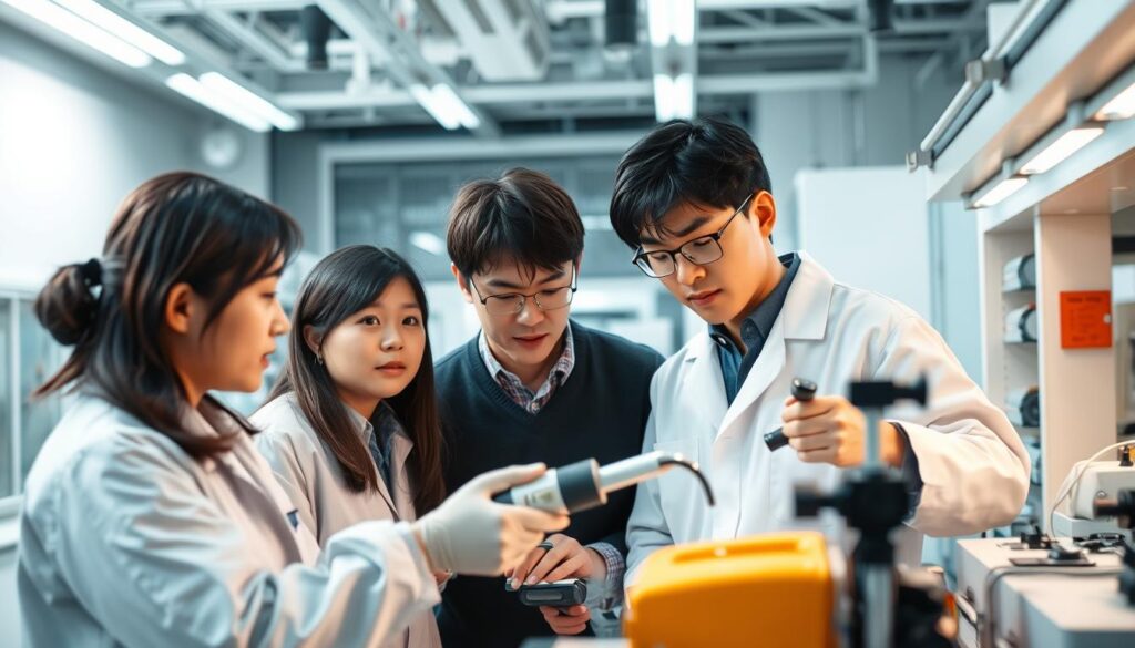 A successful pest control operation in a modern, well-equipped facility. The scene depicts a team of young, Japanese-looking professionals meticulously inspecting equipment and discussing their findings. The lighting is bright and clinical, creating a sense of order and precision. The foreground shows the team members intently focused on their work, while the middle ground reveals a spacious, organized workspace with various pest control tools and devices. The background suggests a state-of-the-art laboratory or research center, hinting at the scientific expertise and cutting-edge technology involved in their operations. The overall atmosphere conveys a sense of professionalism, efficiency, and a track record of successful pest control measures.