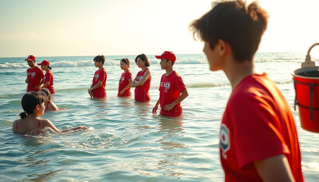 A sun-dappled beach scene, with a team of youthful, dark-haired Japanese lifeguards in bright red uniforms, standing vigilantly at their posts. The foreground features a group of swimmers frolicking in the crystal-clear water, while in the middle ground, the lifeguards scan the horizon, ready to spring into action at the first sign of trouble. The background showcases the sweeping coastline, with gentle waves lapping at the sandy shore and a warm, golden light casting a serene glow over the entire scene. The mood is one of relaxation and safety, capturing the seasonal nature of this vital public service.