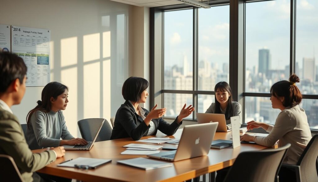 A sunny office interior, with large windows overlooking a bustling city skyline. A team of young, professional-looking Japanese individuals sit around a long conference table, laptops open and papers scattered, engaged in lively discussion. The lighting is soft and warm, creating a productive and collaborative atmosphere. In the foreground, a woman with short dark hair gestures as she speaks, while her colleagues listen intently. In the background, a wall-mounted calendar and schedule board provide a glimpse into the daily activities of a fundraising team. The scene conveys a sense of organized efficiency and forward momentum, as the team works together to plan and execute their fundraising initiatives.