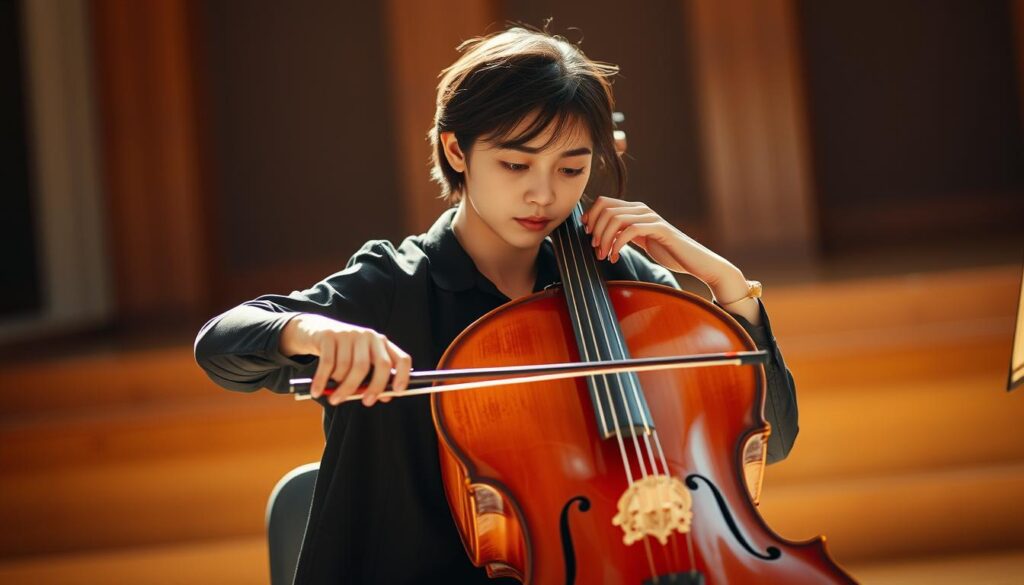 A symphony of movement and melody, a cellist's performance unfolds. Against a backdrop of warm, natural lighting, a young, Japanese-featured musician sits with impeccable posture, their nimble fingers dancing across the strings. The cello's rich, resonant tones fill the air, creating an intimate, introspective atmosphere. The performer's focused gaze and serene expression convey the dedication and artistry inherent in their craft. Surrounding them, a softly blurred environment evokes the solitary, meditative nature of a cellist's work, showcasing the skill, passion, and concentration required to master this dynamic instrument.