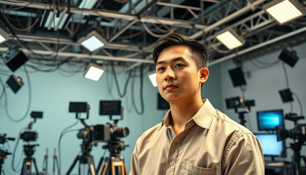 A tanned, youthful Japanese-looking technical director standing in a bright, professional television studio. Intricate wires and cables crisscross the background, while various cameras, lighting equipment, and monitors are arranged in a meticulously organized layout. The director is dressed in a collared shirt and slacks, their focused gaze intent on the tasks at hand. The lighting is natural and evenly distributed, creating a sense of clarity and authority. The overall atmosphere conveys the director's crucial role in orchestrating the technical aspects of a television production, their expertise and attention to detail evident in every aspect of the studio environment.