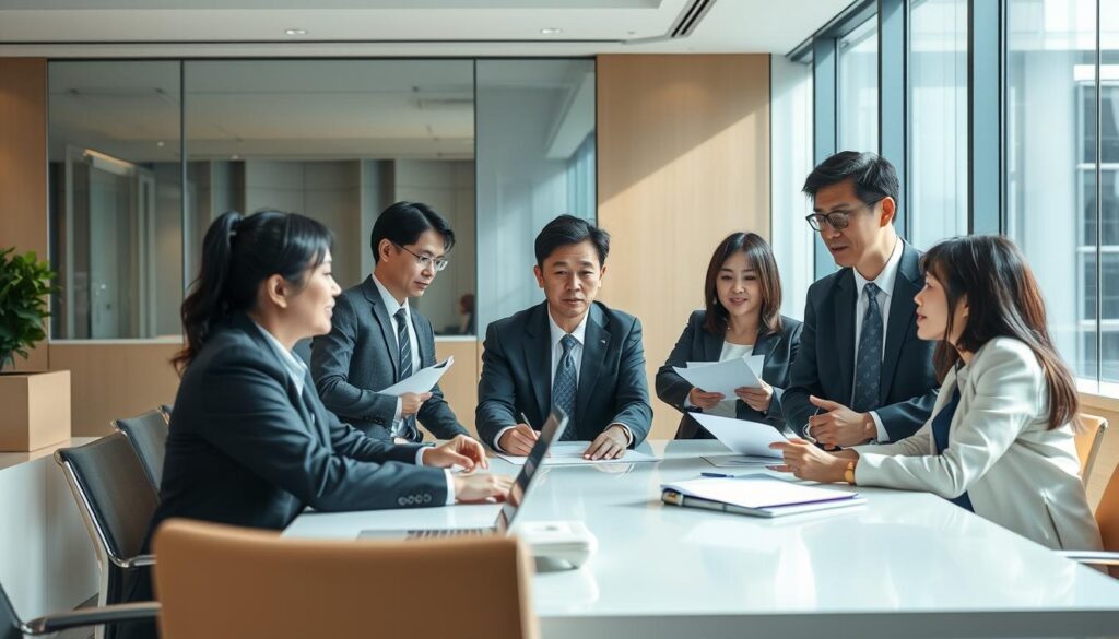 A team of Japanese business professionals in a well-lit modern office, dressed in formal business attire. They are gathered around a conference table, engaged in a lively discussion, with documents and laptops visible. The scene captures the collaborative nature of a general manager's role, as they coordinate the work of various departments and make strategic decisions. The lighting is bright and natural, with a clean, corporate atmosphere. The models have a realistic, photographic appearance, with subtle facial expressions and body language that convey the seriousness of their work.