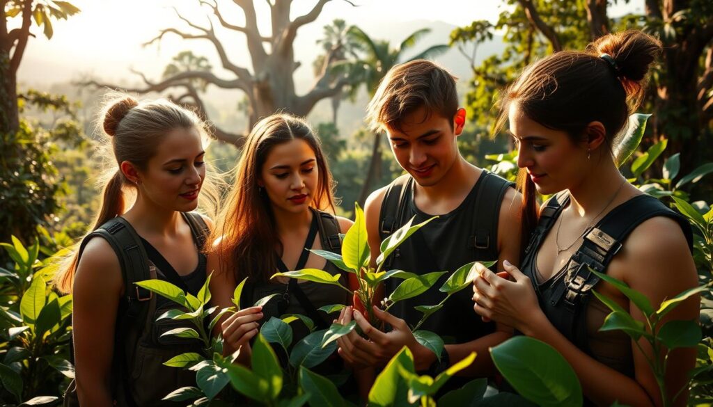 A team of ambitious young plant hunters, their faces reflecting the determination and passion of their calling, stands amidst a lush, verdant landscape. Sunlight filters through the canopy, casting a warm, golden glow upon their focused expressions as they carefully examine a rare and exotic specimen, their hands delicately handling the delicate leaves. In the background, the towering silhouettes of ancient trees and the distant, hazy mountains create a sense of adventure and exploration, perfectly capturing the essence of the "Plant Hunter" profession and the success stories it has to offer.