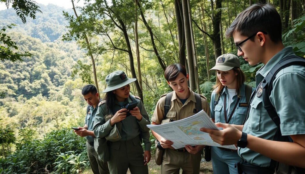 A team of dedicated environmental protection officers diligently surveying a lush, verdant forest landscape. In the foreground, a group of young, focused individuals donning sturdy uniforms and carrying specialized equipment, meticulously documenting the health and diversity of the local flora and fauna. In the middle ground, they consult detailed maps and charts, analyzing data to identify areas in need of intervention or preservation. The background showcases the breathtaking natural scenery, with towering trees, vibrant foliage, and a serene, sunlit atmosphere, conveying a sense of the importance of their mission to safeguard this precious ecosystem. Lighting is natural, with soft, diffused illumination casting gentle shadows, and the camera angle suggests an up-close, immersive perspective, placing the viewer amidst the officers' dedicated environmental conservation efforts.