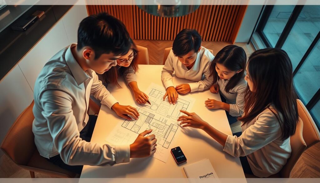 A team of focused, young Japanese-looking space designers brainstorming around a table, bathed in warm, soft lighting. They are meticulously sketching and discussing design plans, their hands gesturing animatedly as they collaborate on innovative spatial solutions. The room exudes a sense of creativity and professional expertise, with sleek, modern furnishings and minimalist decor that complements their thoughtful expressions. A high-angle perspective captures the dynamic energy of their specialized knowledge and skilled teamwork.