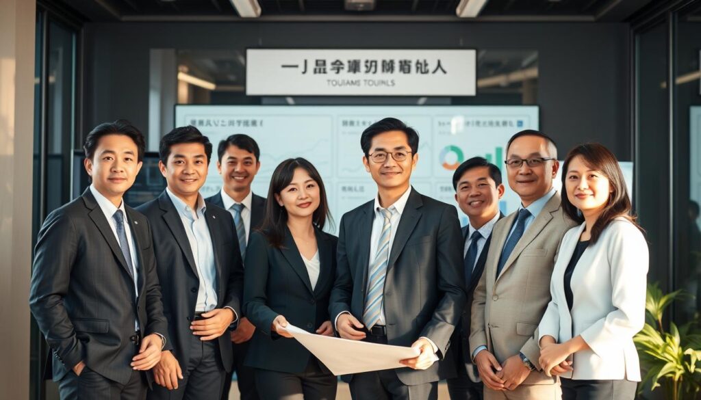 A team of professional Japanese tourism consultants standing in a modern office setting, dressed in formal business attire. The consultants have a confident, knowledgeable demeanor as they discuss plans and strategies, surrounded by charts, graphs, and digital displays. Warm, natural lighting illuminates the scene, creating a sense of authority and expertise. The consultants' expressions convey a dedication to providing specialized guidance and insights to grow the tourism industry.