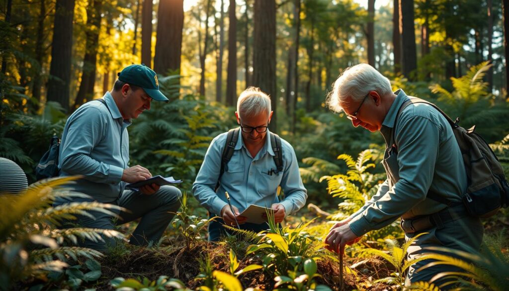 A team of professional forest consultants examining the undergrowth of a lush, verdant forest. The scene is bathed in warm, golden sunlight filtering through the canopy above, casting a soft, natural glow on the consultants' faces. They are carefully inspecting the soil, flora, and vegetation, taking notes and discussing their findings. The consultants are dressed in practical, field-appropriate attire, exuding a sense of expertise and dedication to their work. The background is filled with towering trees, ferns, and other indigenous foliage, conveying the richness and complexity of the forest ecosystem they are studying.