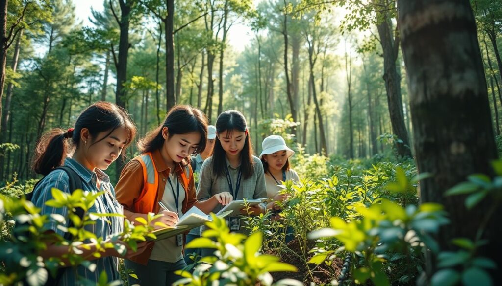A team of professional forest consultants meticulously surveying a lush, verdant forest. The scene is bathed in warm, natural lighting, with sunbeams filtering through the canopy of towering trees. The consultants, a diverse group of young Japanese individuals, are engaged in careful observation, note-taking, and analysis of the forest's diverse ecosystem. Their expressions convey a sense of focused concentration and scientific curiosity as they navigate the undergrowth, examining soil samples and recording data. The image captures the essence of their specialized field work, highlighting the essential role of forest consultants in understanding and preserving the delicate balance of the natural world.
