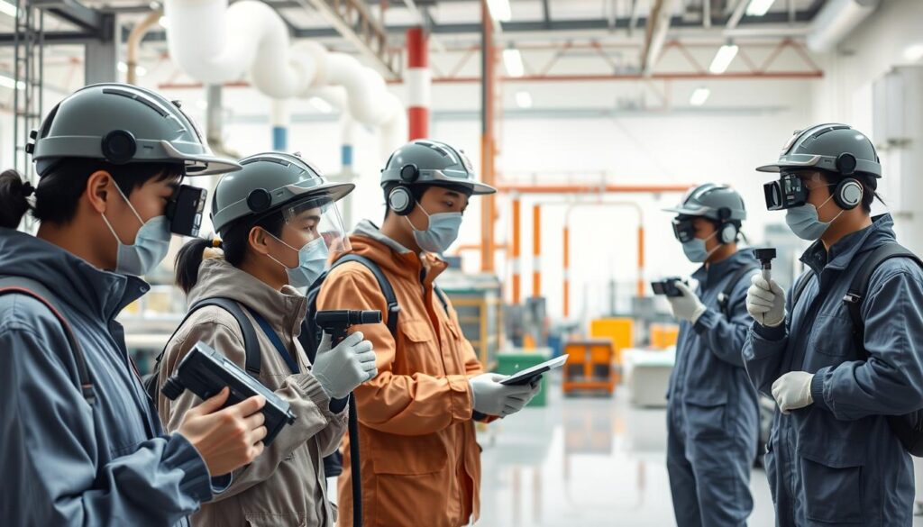 A team of professional odor inspectors meticulously evaluating the complex scent profiles in a variety of industrial settings. The foreground depicts a group of focused young Japanese individuals wearing protective gear and utilizing specialized equipment to measure and analyze airborne particles. The middle ground showcases the diverse range of environments they survey, from manufacturing plants to waste management facilities. The background features a clean, well-lit laboratory setting, symbolizing the scientific expertise and attention to detail required for this specialized occupation. Crisp, high-resolution rendering with an emphasis on realism and technical accuracy.