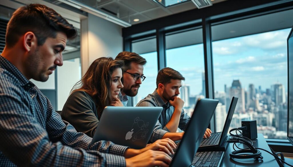 A team of skilled and diligent system administrators, their faces focused and determined, working in a modern, well-lit office environment. The foreground features three individuals, one hunched over a laptop, another studying a complex diagram on a large display, and the third deep in thought, fingers on the keyboard. In the middle ground, a rack of servers hums softly, while in the background, a panoramic window reveals a bustling cityscape, symbolizing the administrators' vital role in maintaining the technological infrastructure that powers the urban landscape. The scene conveys a sense of technical expertise, problem-solving, and the administrators' indispensable contribution to the smooth operation of the organization.