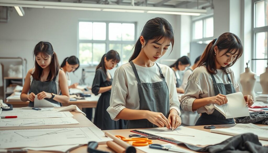 A team of skilled pattern makers in a well-lit studio, meticulously crafting garment patterns with precision and expertise. The foreground features young Japanese models focused on their work, their brows furrowed in concentration as they lay out fabric and manipulate patterns on their workstations. The middle ground showcases various pattern-making tools and materials, including rulers, scissors, and fabric samples. The background offers a glimpse of the studio environment, with clean white walls, ample natural lighting, and a sense of order and professionalism. The overall mood is one of diligence, artistry, and the pursuit of sartorial excellence, capturing the essence of the pattern maker's career path and growth.