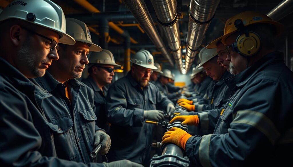 A team of skilled plant pipeline workers, dressed in protective gear, meticulously inspect and maintain the intricate network of pipes within an industrial facility. Their faces bear the marks of years of experience, yet their movements are precise and efficient. The dim lighting casts long shadows, emphasizing the technical complexity of their task. The workers move in unison, their tools and instruments glinting under the warm glow of task lights. The atmosphere is one of focused professionalism, as they ensure the smooth and safe operation of the plant's critical infrastructure.