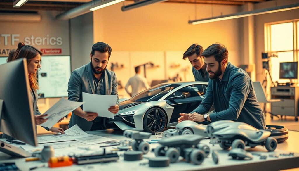 A team of talented car designers, each with a unique set of skills, working together to envision the future of automotive design. The scene captures their collaborative process, with sketches, computer models, and physical mockups scattered across a modern, well-lit studio. The designers, dressed in casual yet professional attire, are intently focused on their work, their expressions reflecting the passion and creativity that drive their craft. The background features cutting-edge tools and technologies, hinting at the sophisticated, data-driven nature of their work. Warm, directional lighting illuminates the scene, creating a sense of energy and dynamism as the designers bring their visions to life.