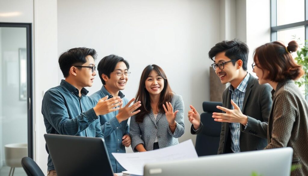 A team of three young Japanese-looking system engineers engaged in animated discussion, demonstrating effective communication skills. The scene is set in a modern office environment with clean lines and muted tones. Soft, natural lighting illuminates the collaborative atmosphere as the engineers collaborate on a project, gesturing expressively and making eye contact. The focus is on the interpersonal dynamics and problem-solving in a professional setting.