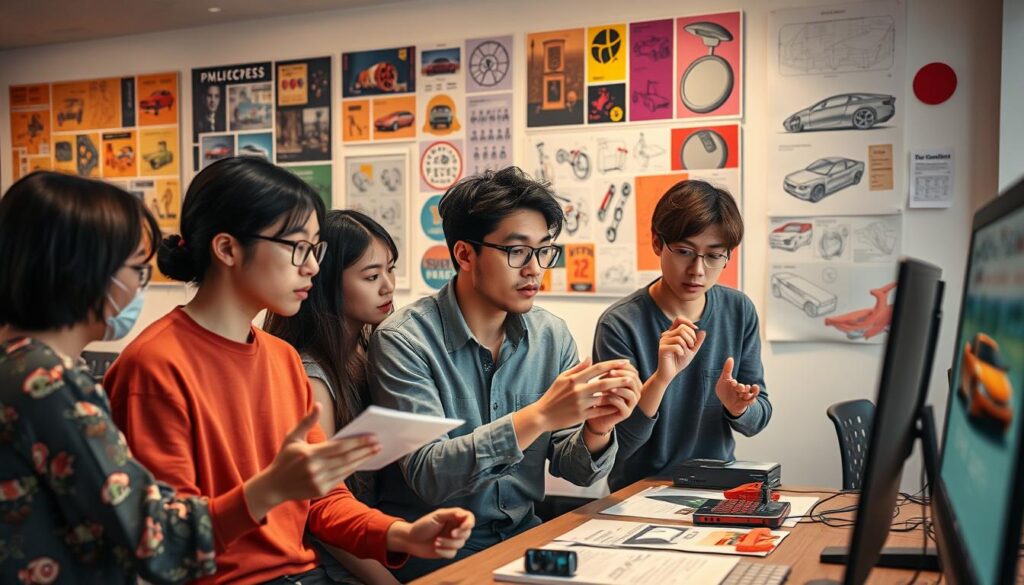 A team of young, Japanese-inspired conceptors brainstorming ideas in a modern, well-lit studio. Vibrant mood boards and sketches cover the walls, as they scrutinize 3D models and digital renderings on their screens. Thoughtful expressions, hands gesturing, immersed in the creative process. Muted tones with pops of color, capturing the focus and intensity of their conceptual work. Cinematic lighting highlights their features, conveying the importance of their roles as visionaries shaping the future.